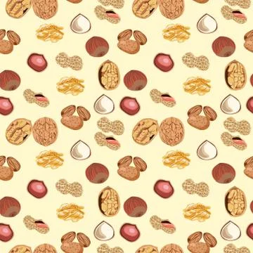 Seamless pattern with almonds, peanuts, Hazelnuts, walnuts whole and half nut Stock Illustration