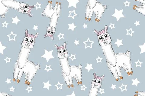 Seamless Pattern. Alpaca llama sleep, standing and jumping. Star in the sky 스톡 일러스트