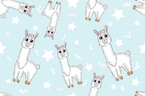 Seamless Pattern. Alpaca llama sleep, standing and jumping. Star in the sky Stock Illustration