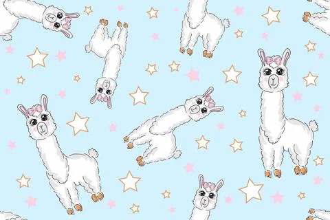 Seamless Pattern. Alpaca llama sleep, standing and jumping. Star in the sky Stock Illustration