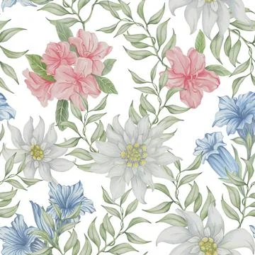 Seamless pattern with alpine flowers. Edelweise, rhododendron, gentiana Stock Illustration