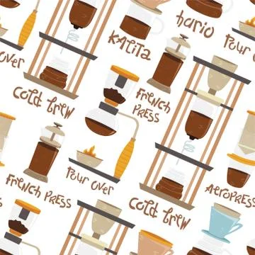 Seamless pattern of alternative methods of brewing. Coffee culture. Aeropress Stock Illustration