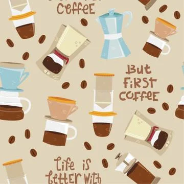 Seamless pattern of alternative methods of brewing. Coffee culture. Aeropress Illustrazione stock