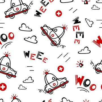 Seamless pattern ambulance is in a hurry to help. Cute childrens illustration in Stock Illustration