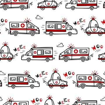 Seamless pattern ambulance is in a hurry to help. Cute childrens illustration in Illustrazione stock