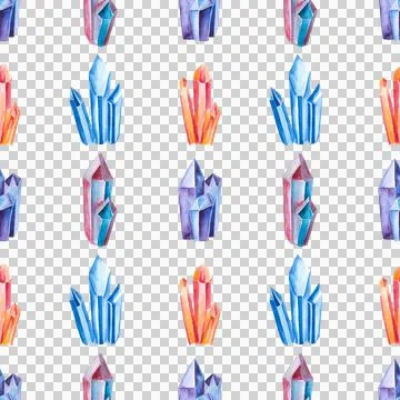 Seamless pattern of amethyst, blue and red quartz watercolor on white background Stock Illustration
