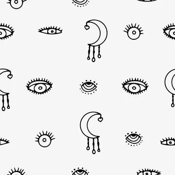 Seamless pattern with amulets in the form of an eye and a moon, hand-drawn in Ilustração Stock