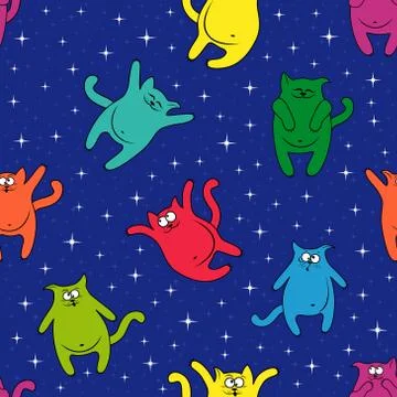 Seamless pattern with amusing cats on starry sky Stock Illustration