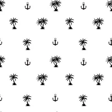 Seamless pattern with anchor and coconut palm tree island. Tropical wallpaper Stock Illustration