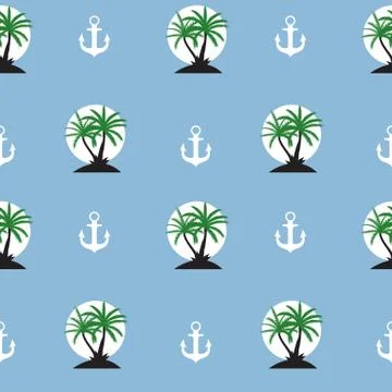 Seamless pattern with anchor and coconut palm tree island. Tropical wallpaper 스톡 일러스트