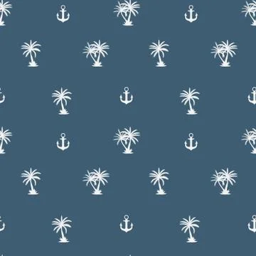 Seamless pattern with anchor and coconut palm tree island. Tropical wallpaper Stock Illustration