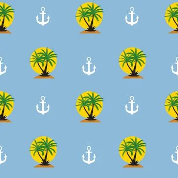 Seamless pattern with anchor and coconut palm tree island. Tropical wallpaper 스톡 일러스트