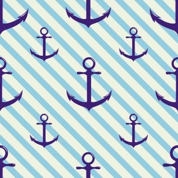 Seamless pattern with anchor on background and diagonal stripes Stock Illustration