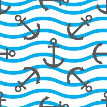 Seamless pattern  anchor on a background of waves Stock Illustration