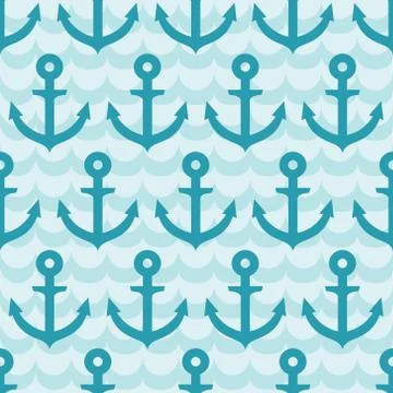 Seamless pattern with anchor on blue wave background Stock Illustration