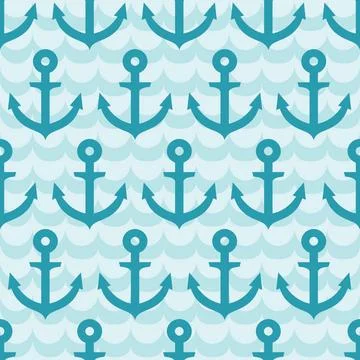 Seamless pattern with anchor on blue wave background. Seamless pattern wit... Stock Photos