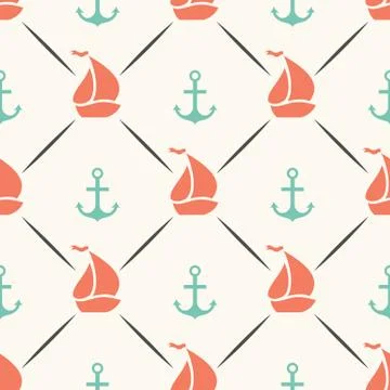 Seamless  pattern of anchor, sailboat shape in frame Stock Illustration
