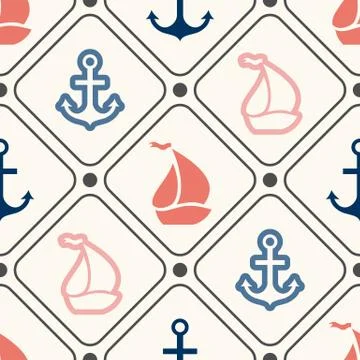 Seamless  pattern of anchor, sailboat shape in frame Stock Illustration