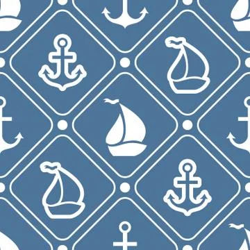 Seamless pattern of anchor, sailboat shape and line Stock Illustration