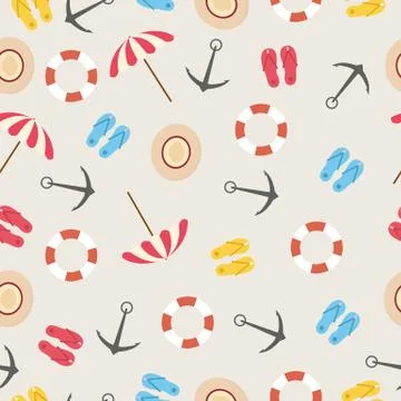 Seamless Pattern With Anchors, Hats And Umbrellas Over Beige Background Illustrazione stock