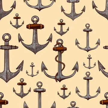 Seamless pattern with anchors illustrations in engraving style. Design elemen Stock Illustration