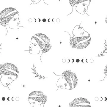 Seamless pattern with ancient greek sculptures. Linear head of Aphrodite Stock Illustration