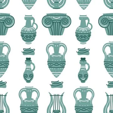 Seamless pattern with ancient Greek vases, amphoras and ancient column Stock Illustration