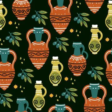 Seamless pattern with ancient Greek vases, amphoras and olive branch Stock Illustration