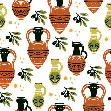 Seamless pattern with ancient Greek vases, amphoras and olive branch Stock Illustration