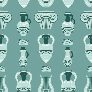 Seamless pattern with ancient Greek vases, amphoras and ancient column Stock Illustration