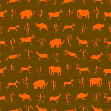 Seamless pattern. Ancient rock drawing with primitive people Stock Illustration