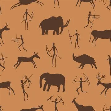 Seamless pattern. Ancient rock paintings show primitive people hunting Stock Illustration