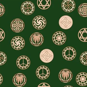 Seamless pattern ancient Slavic symbols. Star of the arkgamma, kolovrat, tr.. Stock Illustration
