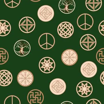 Seamless pattern ancient Slavic symbols. Star of the arkgamma, kolovrat, tr.. Stock Illustration