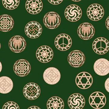 Seamless pattern ancient Slavic symbols. Star of the arkgamma, kolovrat, tr.. Stock Illustration