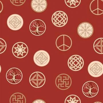 Seamless pattern ancient Slavic symbols. Star of the arkgamma, kolovrat, tr.. Stock Illustration
