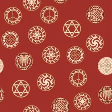 Seamless pattern ancient Slavic symbols. Star of the arkgamma, kolovrat, tr.. Stock Illustration