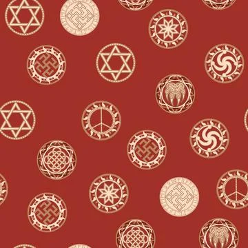 Seamless pattern ancient Slavic symbols. Star of the arkgamma, kolovrat, tr.. Stock Illustration