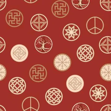 Seamless pattern ancient Slavic symbols. Star of the arkgamma, kolovrat, tr.. Stock Illustration