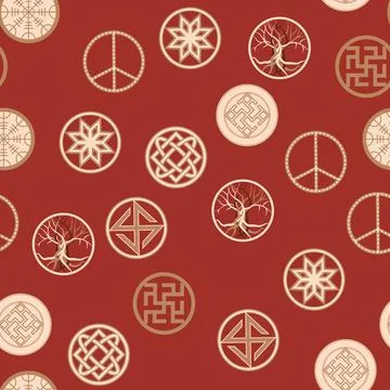 Seamless pattern ancient Slavic symbols. Star of the arkgamma, kolovrat, tr.. Stock Illustration
