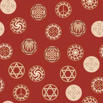 Seamless pattern ancient Slavic symbols. Star of the arkgamma, kolovrat, tr.. Stock Illustration