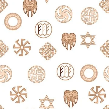 Seamless pattern ancient Slavic symbols. Star of the arkgamma, kolovrat, tr.. Stock Illustration