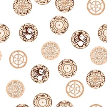 Seamless pattern ancient Slavic symbols. Star of the arkgamma, kolovrat, tr.. Stock Illustration