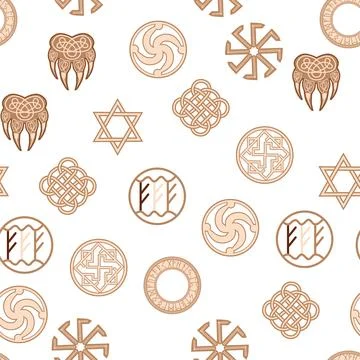 Seamless pattern ancient Slavic symbols. Star of the arkgamma, kolovrat, tr.. Stock Illustration