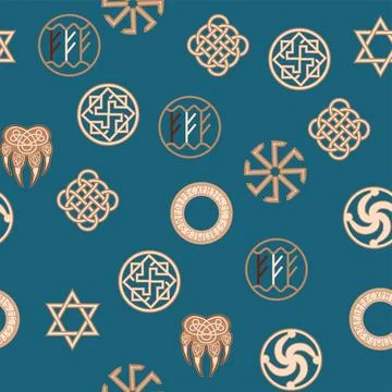 Seamless pattern ancient Slavic symbols. Star of the arkgamma, kolovrat, tr.. Stock Illustration