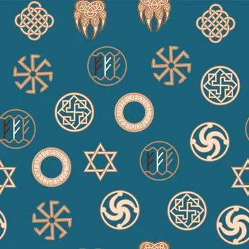 Seamless pattern ancient Slavic symbols. Star of the arkgamma, kolovrat, tr.. Stock Illustration