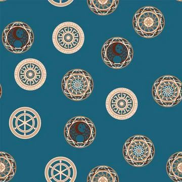 Seamless pattern ancient Slavic symbols. Star of the arkgamma, kolovrat, tr.. Stock Illustration