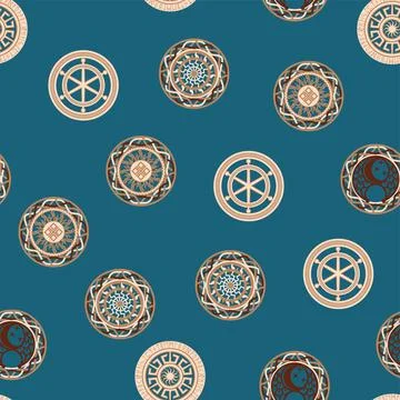 Seamless pattern ancient Slavic symbols. Star of the arkgamma, kolovrat, tr.. Stock Illustration