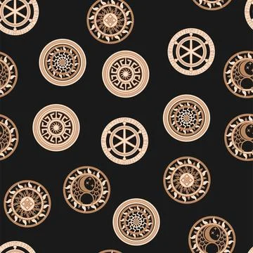 Seamless pattern ancient Slavic symbols. Star of the arkgamma, kolovrat, tr.. Stock Illustration
