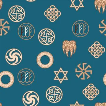 Seamless pattern ancient Slavic symbols. Star of the arkgamma, kolovrat, tr.. Stock Illustration